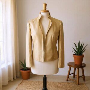 Talbots 8P Silk Wool Blend Blazer Jacket Beige Stand Collar Petite Career Office